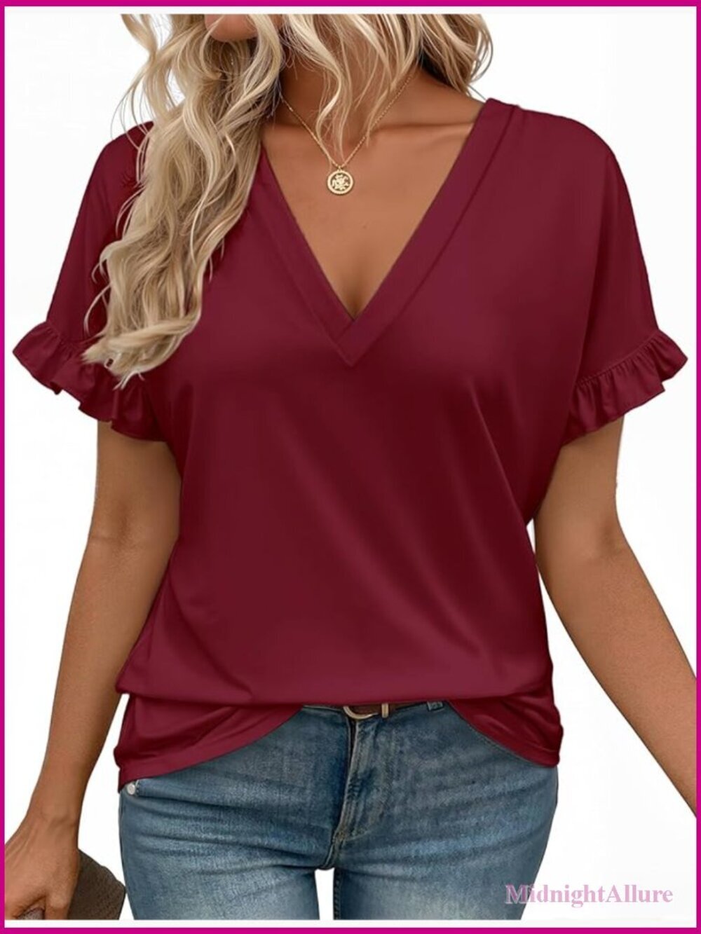 Short Ruffle Sleeve V-Neck Tee Women Summer Casual T-Shirt Beach Top